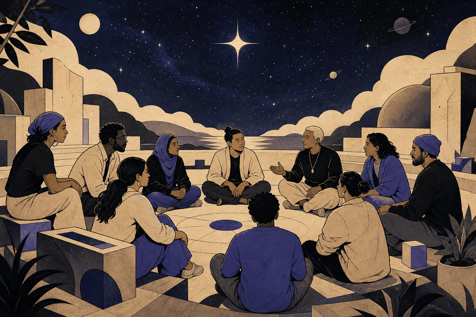 Community members gathered for on-chain governance under a starry sky